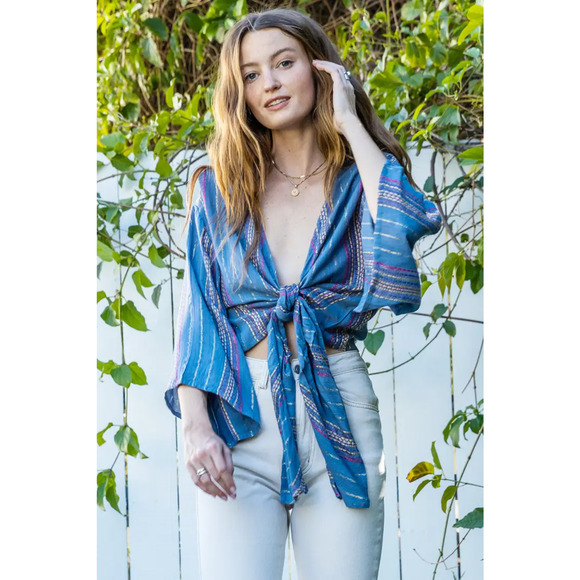 En Creme: Tie Front Striped Top (Small) - Picture 4 of 5